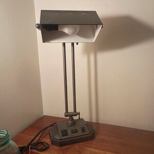 Vintage Industrial Desk Lamp w Electric & Phone Plugs Ball Joint Steampunk